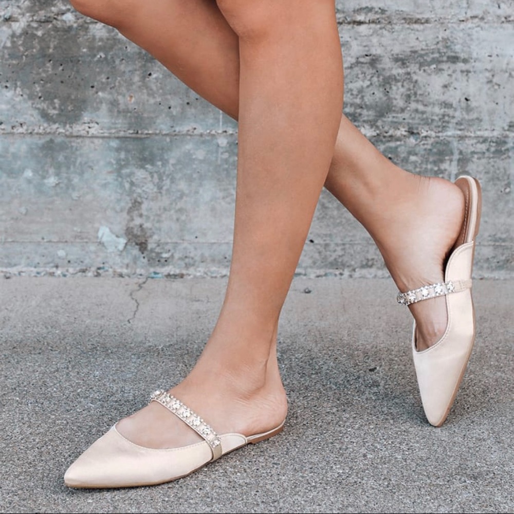 Arlya Ivory Satin Rhinestone Pointed-Toe Mule Slides - new, never worn.